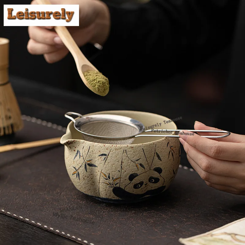 Firestone Red Matcha Eight-piece Set With Gold-emed Panda Ceramic Tea Bowl, Whisk Stand, Baibenli,ornaments Accessories Supplies