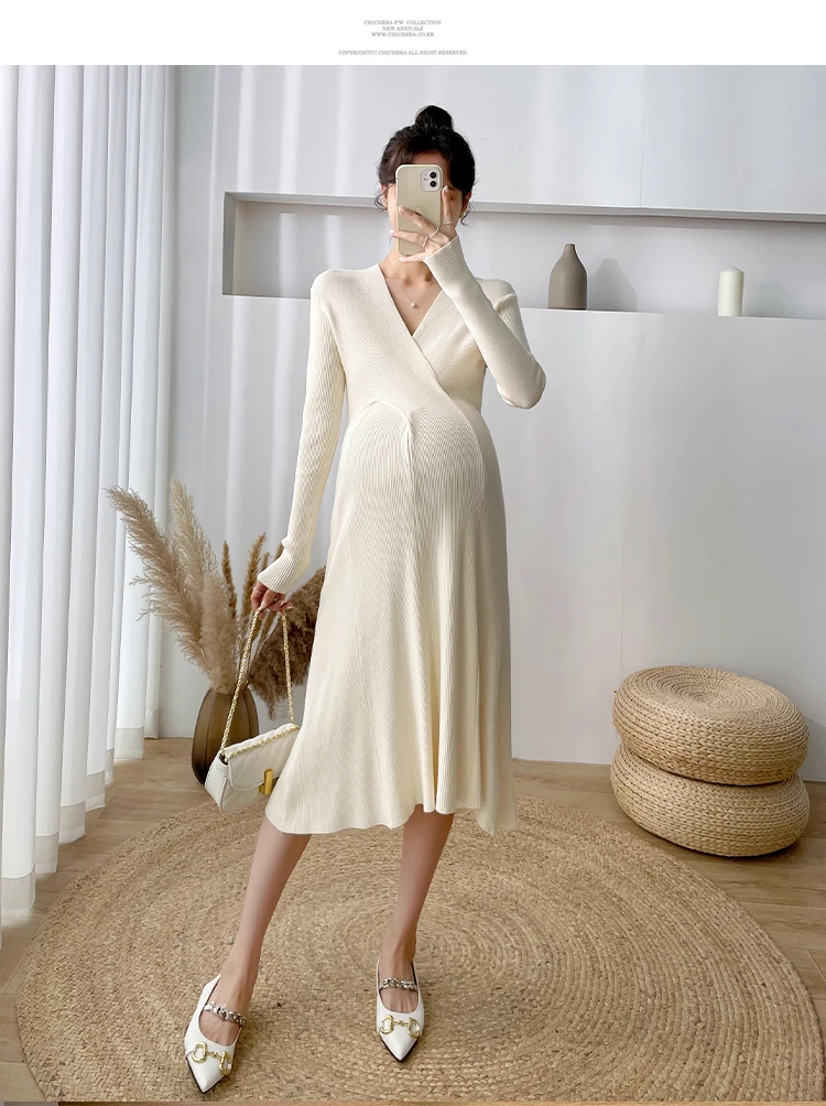 Über V-Ausschnitt gestrickte Mutterschaft pullover Kleid elegant eine Linie schlanke Kleidung für schwangere Frauen Herbst Winter Schwangerschaft tägliche Kleidung – Detail 29