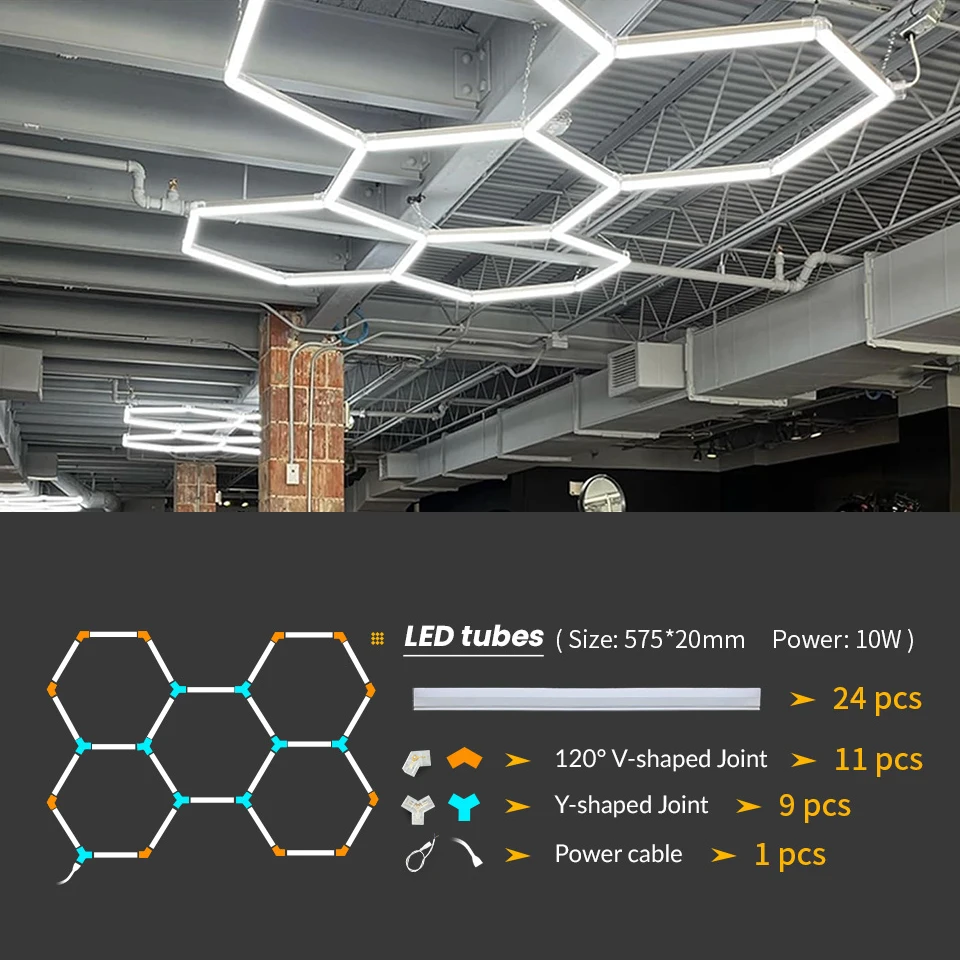 LED Hexagon Honeycomb Car Garage Lights DIY Shape Customizable Detailing Cable Accessorries AC85-265V Lighting Repair Barbershop