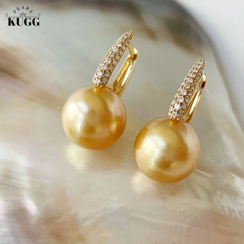

KUGG PEARL 18k Yellow Gold Earrings 10-11mm Natural South Sea Gold Pearl Hoop Earrings Luxury Diamond Fine for Women Wedding