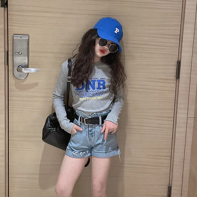 

Korean Style Baby Girls clothes Spring Autumn Thin Sweatshirt Cotton Basic Shirts Elegant Grey Teenage Outwear Tops Slim T-shirt