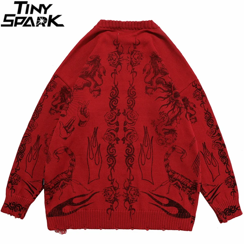 2025 힙합 니트 스웨터 streetwear 로즈 아이 전갈 프린트 찢어진 풀오버 남성 하라주쿠 코튼 캐주얼 가을 스웨터 해골