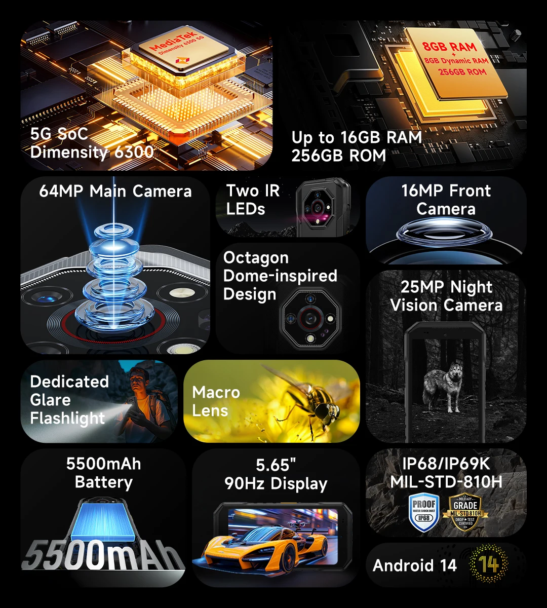 Ulefone Armor X32 Pro 5G Rugged Phone Android 15 Up to 16GB RAM 256GB ROM 25MP Night Vision 64MP Camera 5500mAh NFC Smartphone