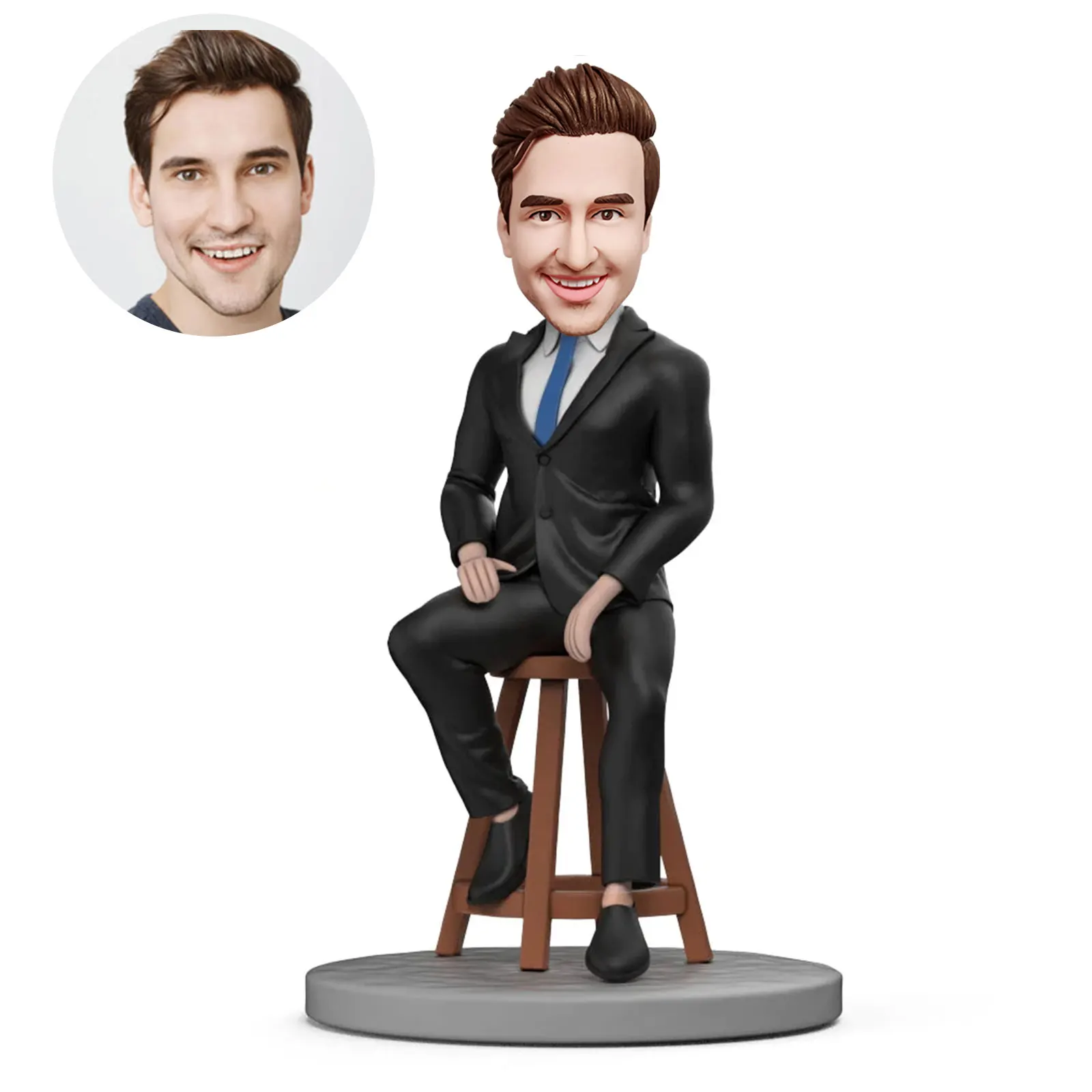 

Personalized Valentine's Day Gifts Male Boss Black Suit Sitting Custom Bobblehead with Engraved Text