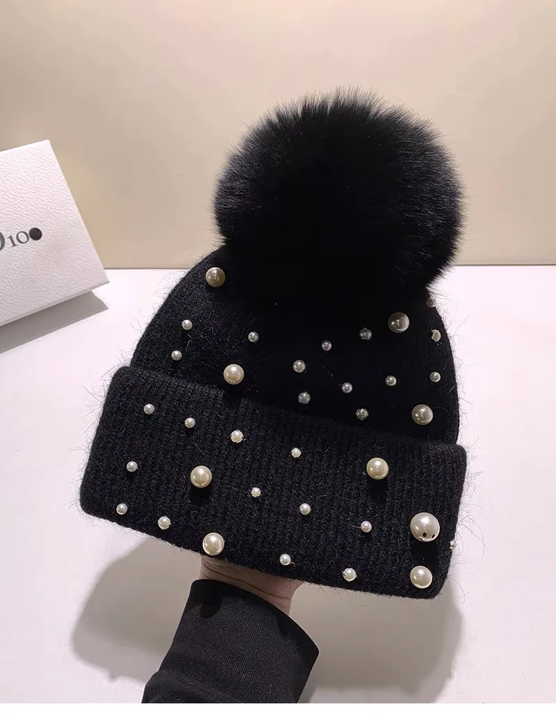 New Autumn And Winter Woolen Hat For Women, Thickened And Warm Ear Protection Rabbit Fur Hat, Real Fox Fur Ball Knitted Hat 6