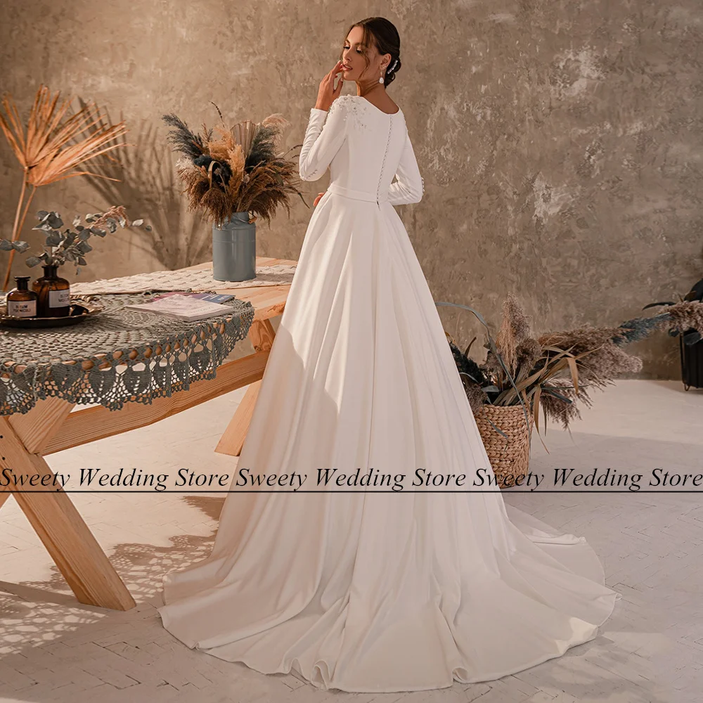 Elegant Wedding Dress Round Neck Long Sleeves Beading Pearls Buttons A Line Train Gown