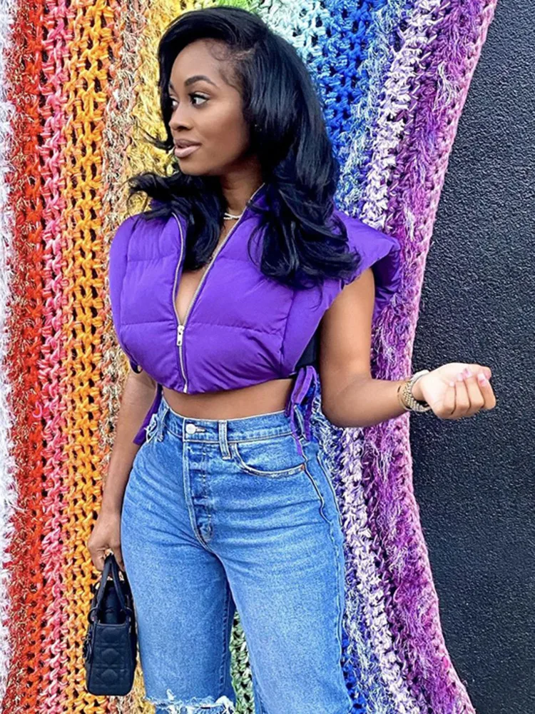 DEAT Fashion Women's Cotton-padded Vest Hooded Sleeveless Lace-up