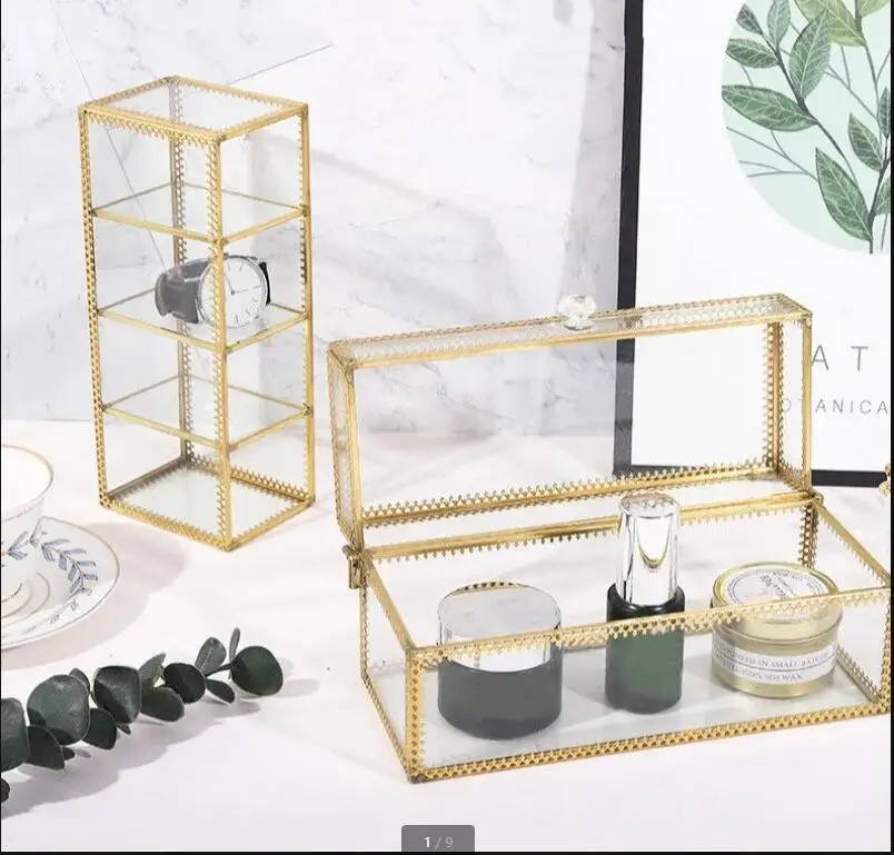 Metal Glass Jewelry Box Lipstick Cosmetics Storage Ornament Living Room Desktop Organizer Modern Home Ring Earring