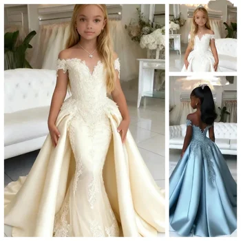 Elegant Satin Applique Girl Mermaid Dress With Off Shoulder Design Suitable For Princess Birthdays Wedding Banquets 1