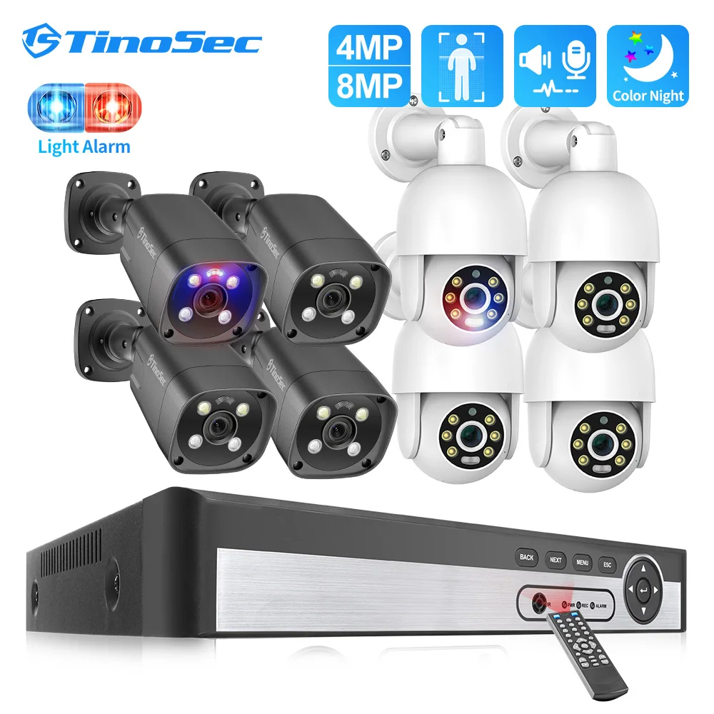 TinoSec 4K POE Security Camera Kit H.265 8CH 4MP 8MP Surveillance System CCTV Video Two-way Audio Record Full Color Night Vision tinosec 8ch 8mp wifi ip camera system dual lens wireless ptz camera kit two way audio night vision cctv video surveillance cam