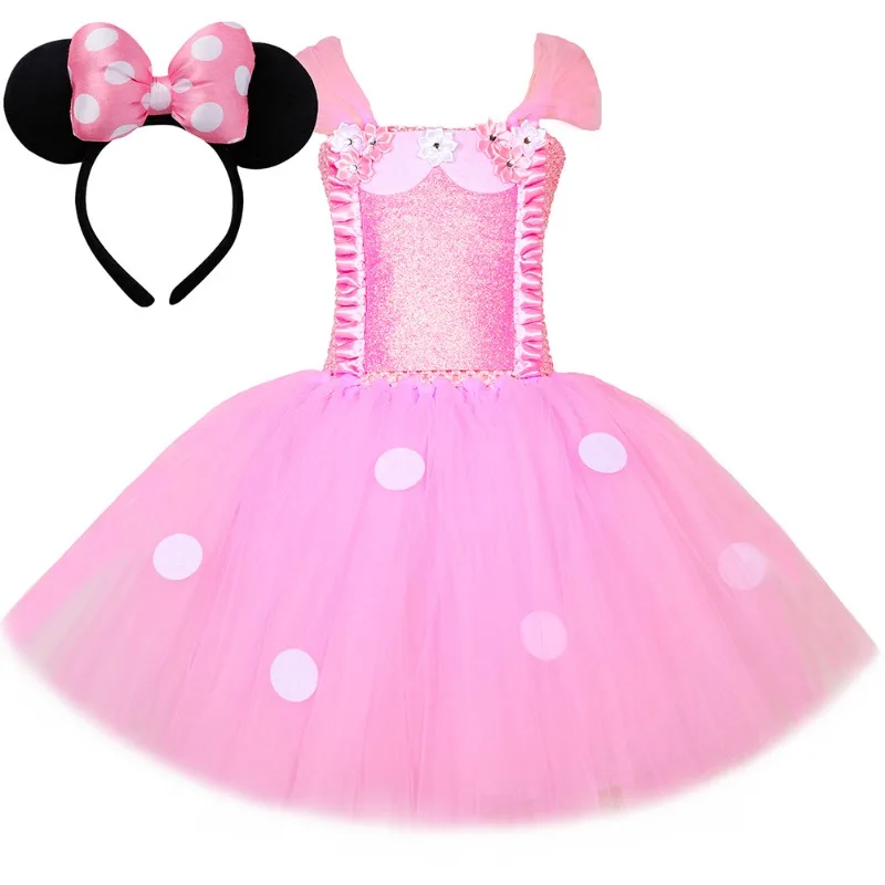 

International Children's Day Pink Children's Mesh Rabbit Dress Polka Princess Poncho Dress Girl's Role Playing Clothing JUPAOAPO