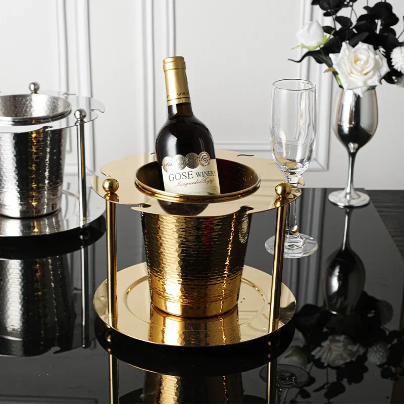 Stainless Steel Luxury Wine Glass and Ice Bucket Set, One-Piece Stand for Red Wine and Champagne, Elegant Home Bar Decor