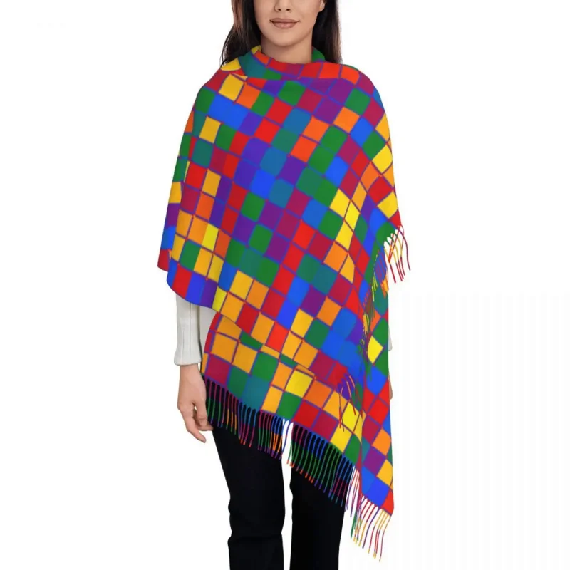 

Gay Pride Colored Rounded Squares Grid Scarf for Women Luxury Winter Fall Shawl Wraps GLBT LGBT Rainbow Lesbian Tassel Wraps