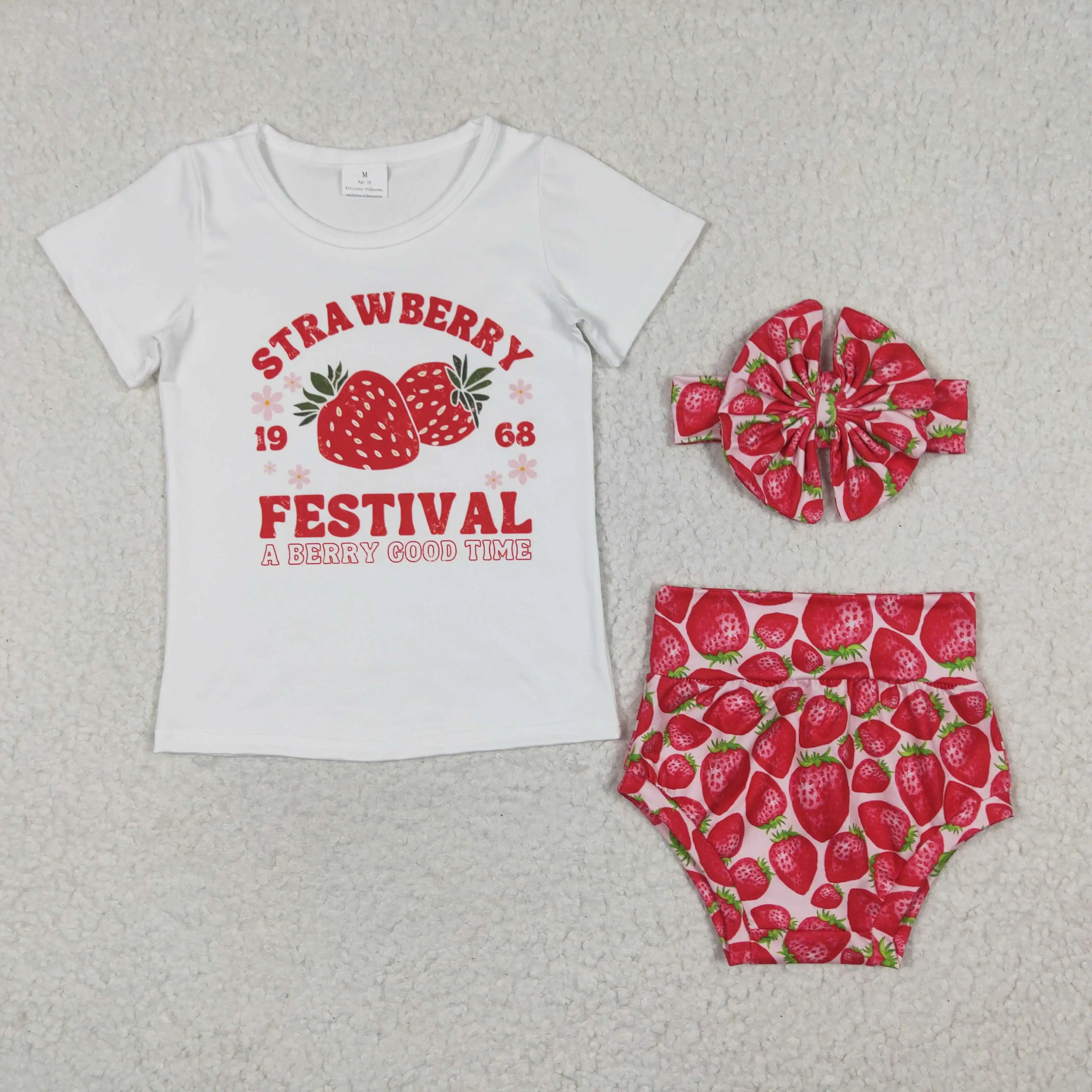 

Wholesale Girl Boy Children's Clothes Tops Strawberry Red Briefs Set Headband Floral
