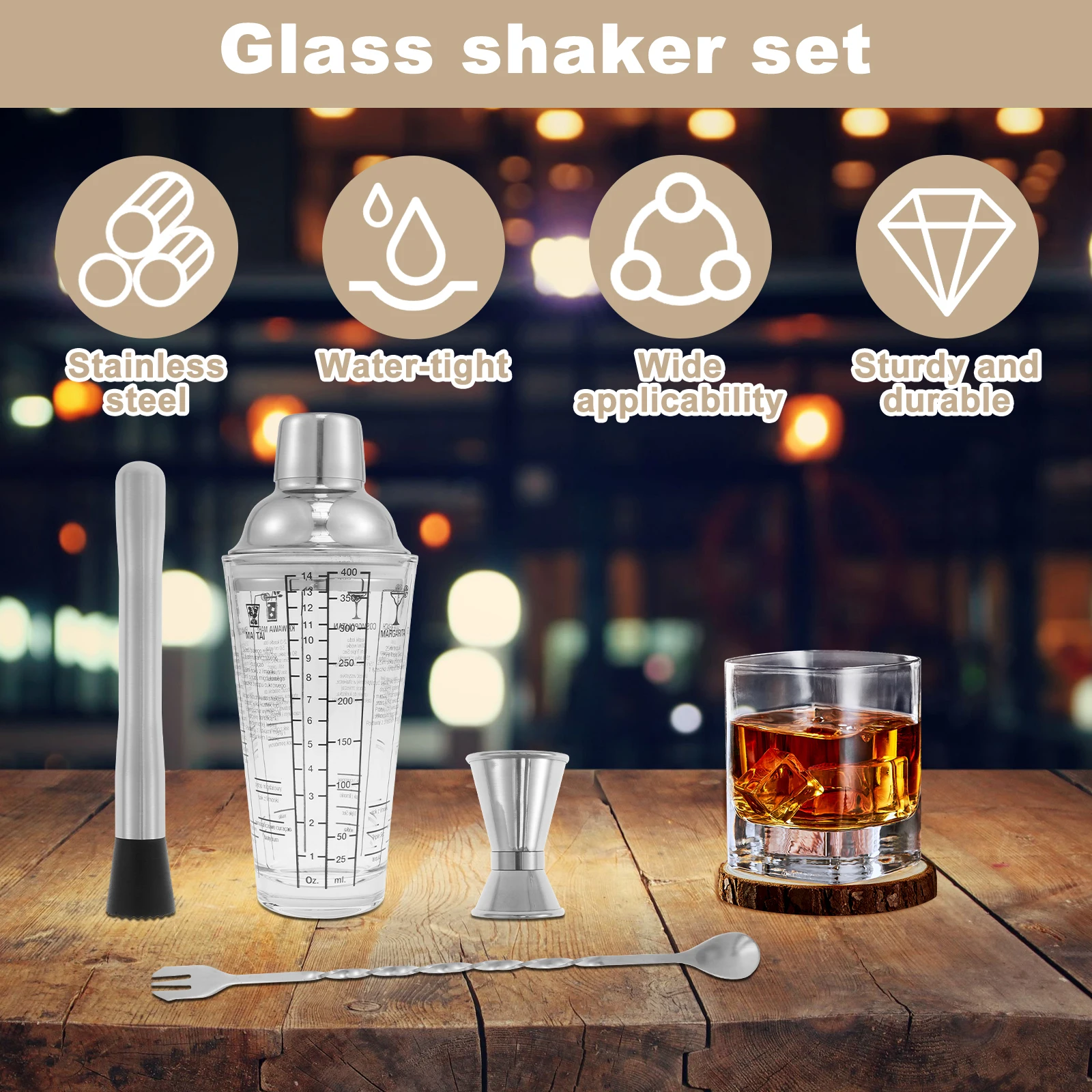 4Pcs 400ml Glass Cocktail Shaker Kit with Clear Scale Leakproof Cocktail Mixer Set Rustproof Bartender Kit with Measuring Cup