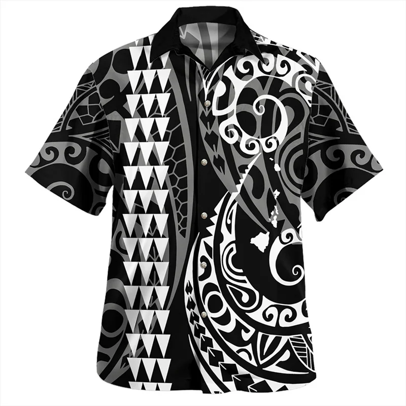 Camisa Havaiana Masculina Verão - Estampa Tribal Polinésia Manga Curta