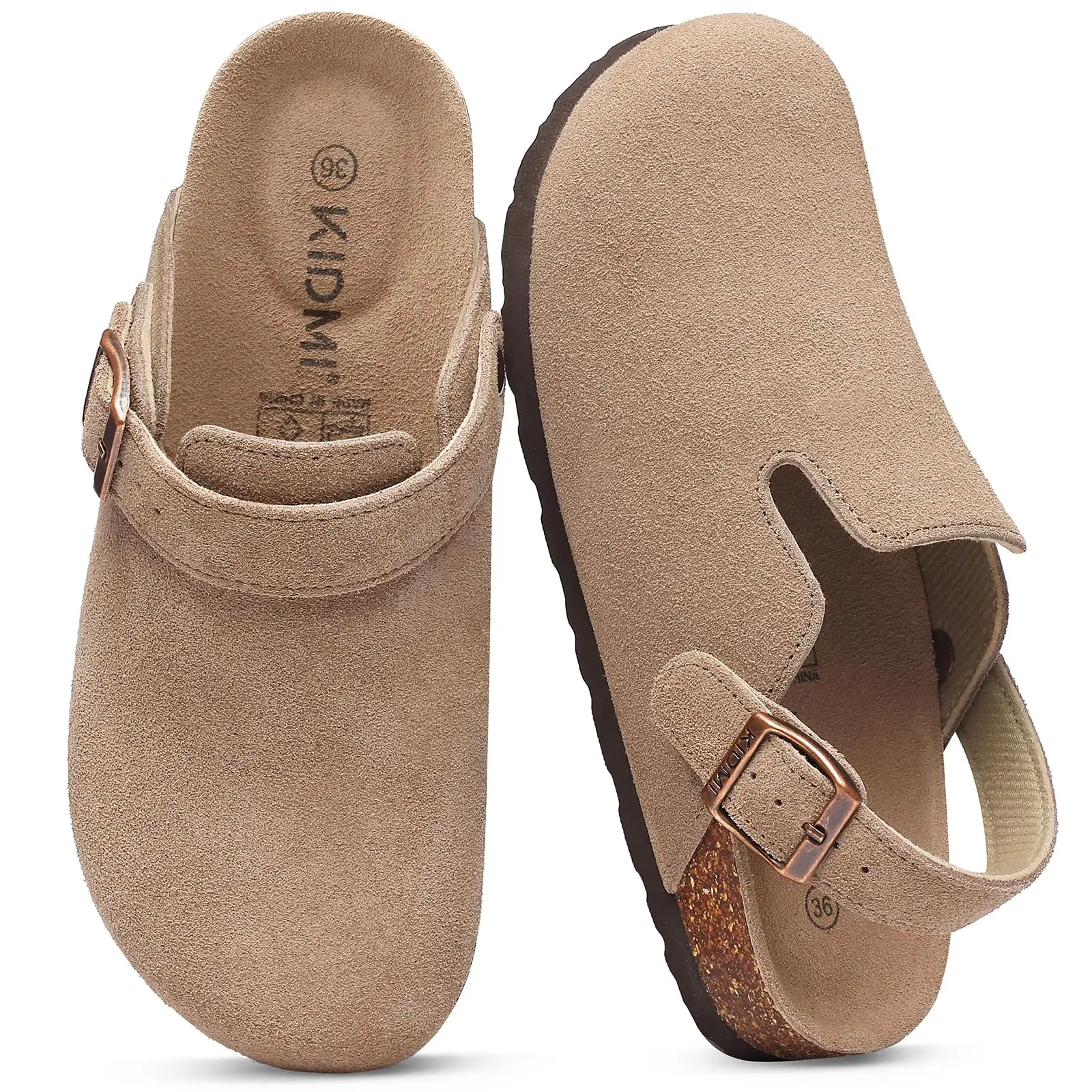 Women's Leather Mules Suede Clogs With Adjustable Strap Cork Sole_voghion.com