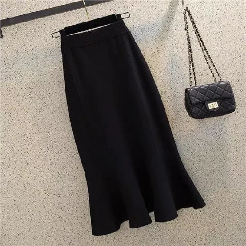 thumbnail image 1 of Falda de lana de punto adelgazante de cintura alta para otoño/invierno 2024, falda de cola de pez que cubre la cadera de talla grande para mujer de longitud media, 1 of 5