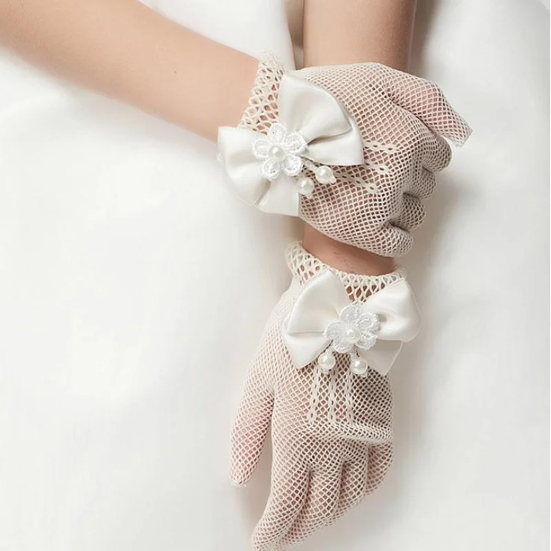 Girls Mesh Bow Lace Pearl Decoration Gloves Party Supplies Children Birthday Ceremony Coronation Accessories Gift Mittens