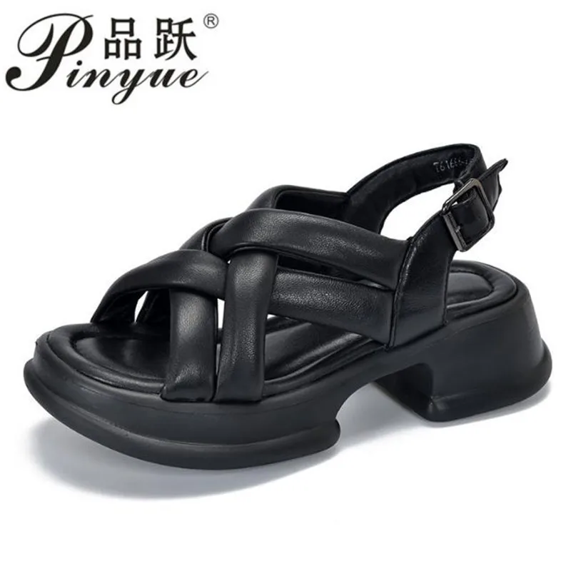 

4.5cm Handmade Sandals Women Summer New Luxury Design Genuine Leather Cross Open Toe Thick Heel Platform Roman Sandals