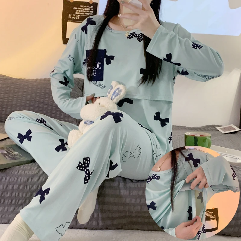 Cotton Pajama Set Maternity Nightgown Set Postpartum woman lactation pajamas set autumn nursing leisurewear cartoon pregnant maternity breastfeeding tops long trousers