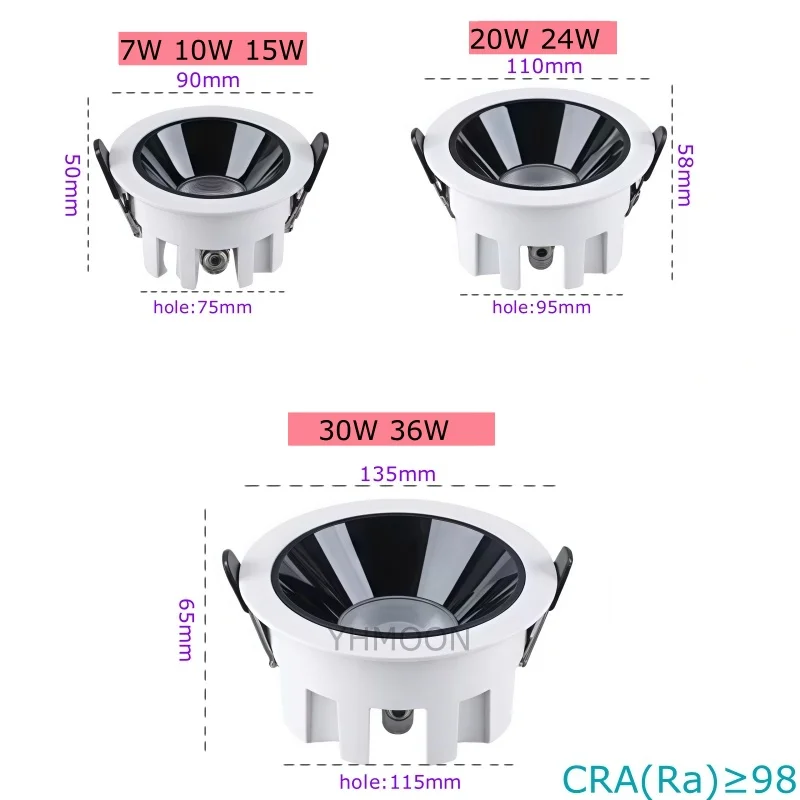 IP65 Waterproof Embedded CRI98 Dimmable Spotlight AC110-220V 7W-30W Bathroom Kitchen Ceiling Downlight LED Anti Glare
