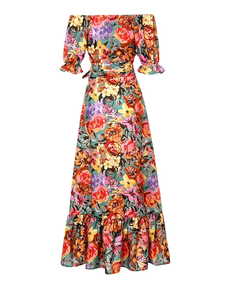 

Women's Fashion Sexy V-Neck Dresses 2023 New Spring Floral Print Split Thigh Belted Wrap Maxi Dress Off-Shoulder Slit Long Dress