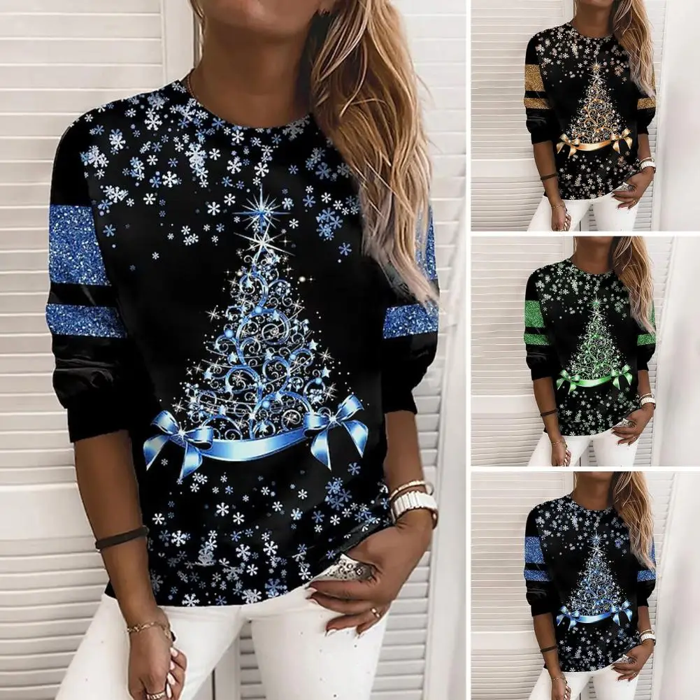 

Long Sleeve Top Festive Snowflake Sequin Top Shimmering Christmas Party Shirt for Women with Colorful Round Neck Loose Fit Loose