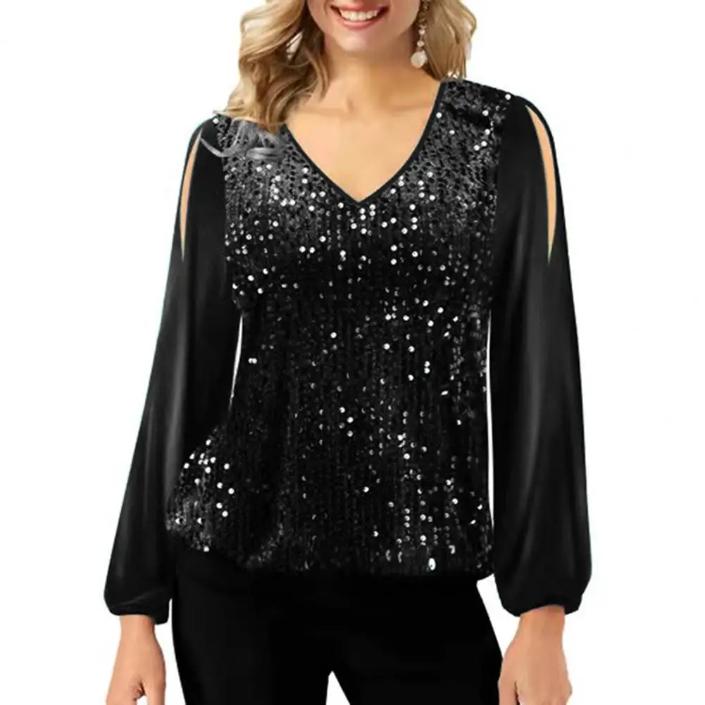 Fall Spring Women Top Hollow Out Long Lantern Sleeve Sequin Loose V Neck Pullover Soft Breathable Lady Solid Color Blouse Tops women holiday bikini cape sexy see through blouse summer chiffon cardigan lady sequin sun shawl breathable beach cloak drop ship