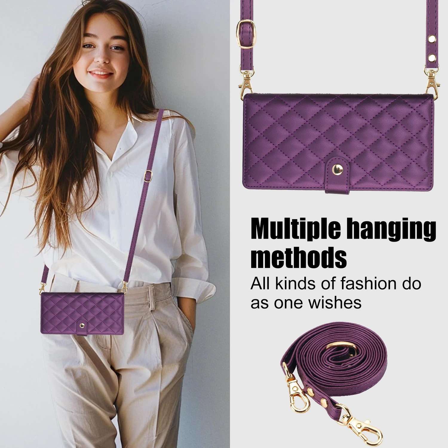 Crossbody Zipper Card Slot Leather Wallet Case with Lanyard Cover