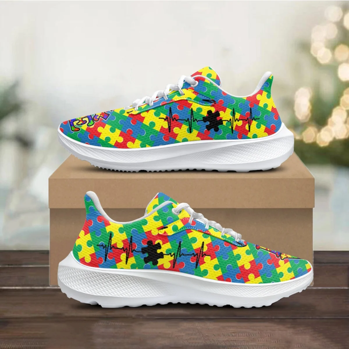 

Sneakers For Women Autism Awareness Puzzle Heartbeat Print Lace-Up Casual Shoes Outdoor Non-Slip Breathable Walking Shoes Gift