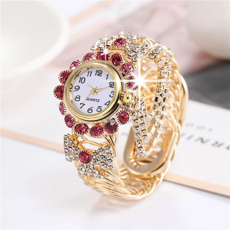 

New Hot Creative Sparkling Zircon Gold Women's Quartz Bracelet Watch Girlfriend Festival Exquisite Light Luxury Gift