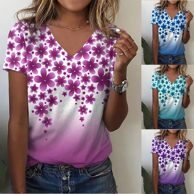 

2022 Summer Elegant Women's Floral 3D Printed Sexy T Shirts V Neck Tops Casual Fashionable Streetwear Daily New Design T Shirts