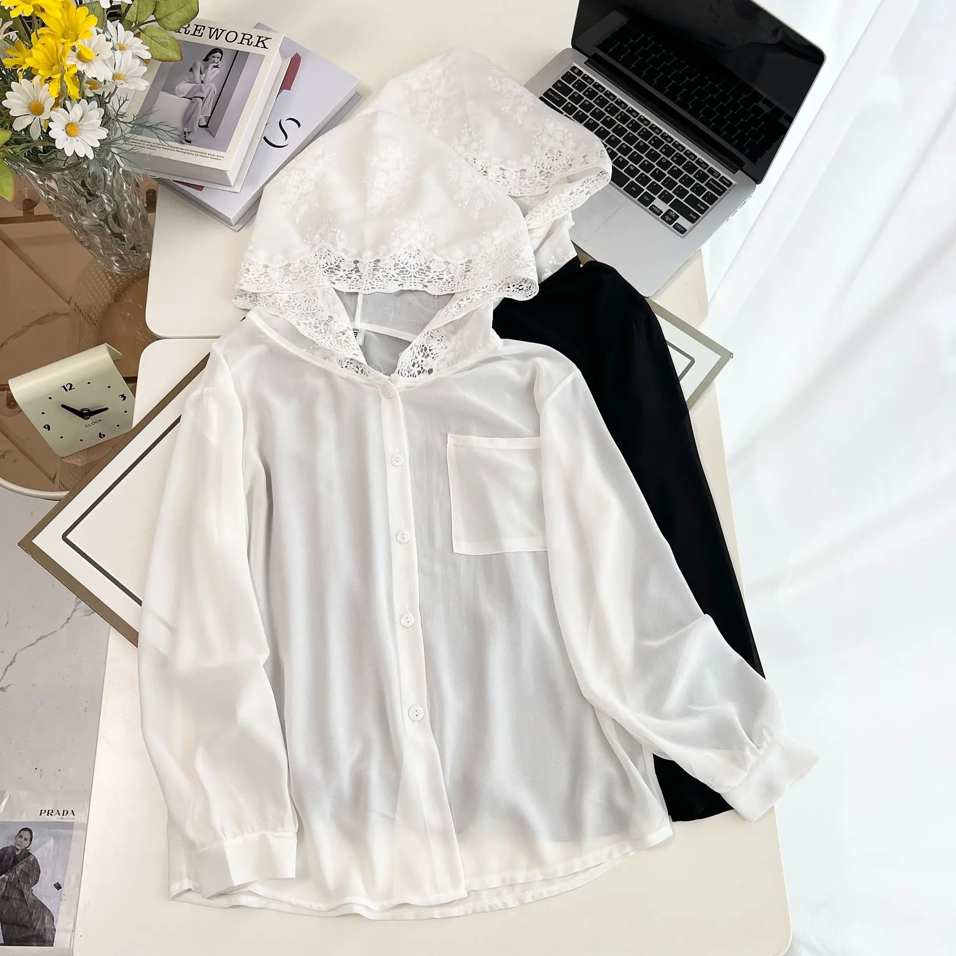 Fashion Plus Size Women's Blouses Lace Hat Sun Protective In Summer Thin Top 1702