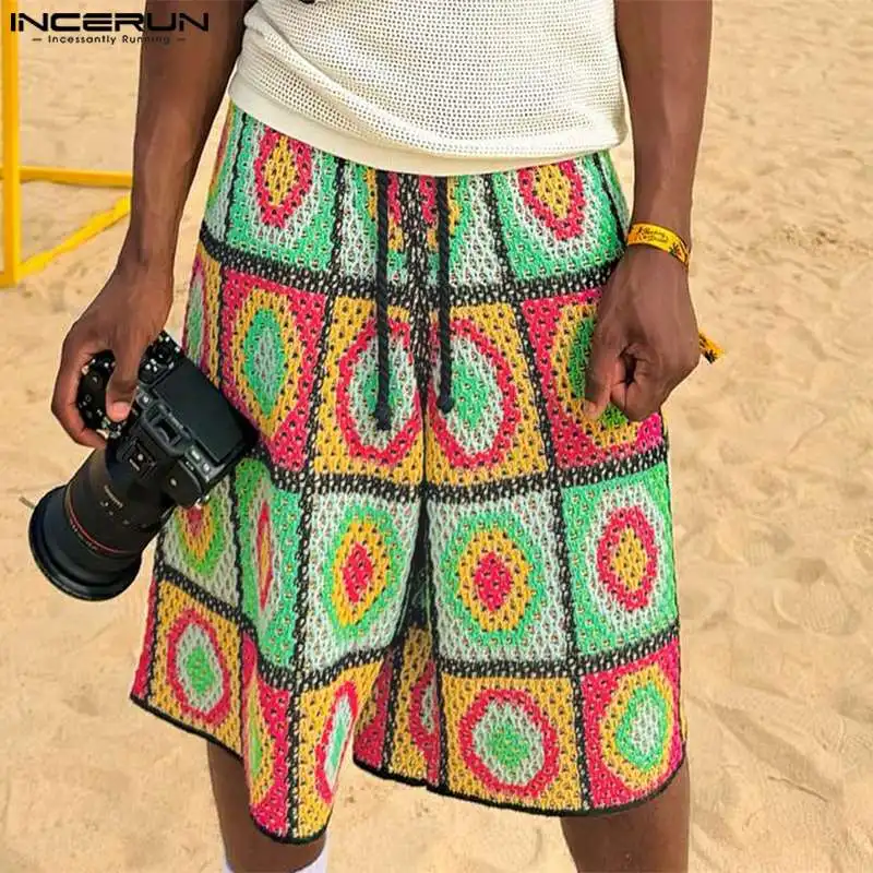

INCERUN 2024 мужские шорты с сетчатым принтом пэчворк с кулиской летние мужские брюки свободная уличная одежда для отпуска повседневные мужские шорты
