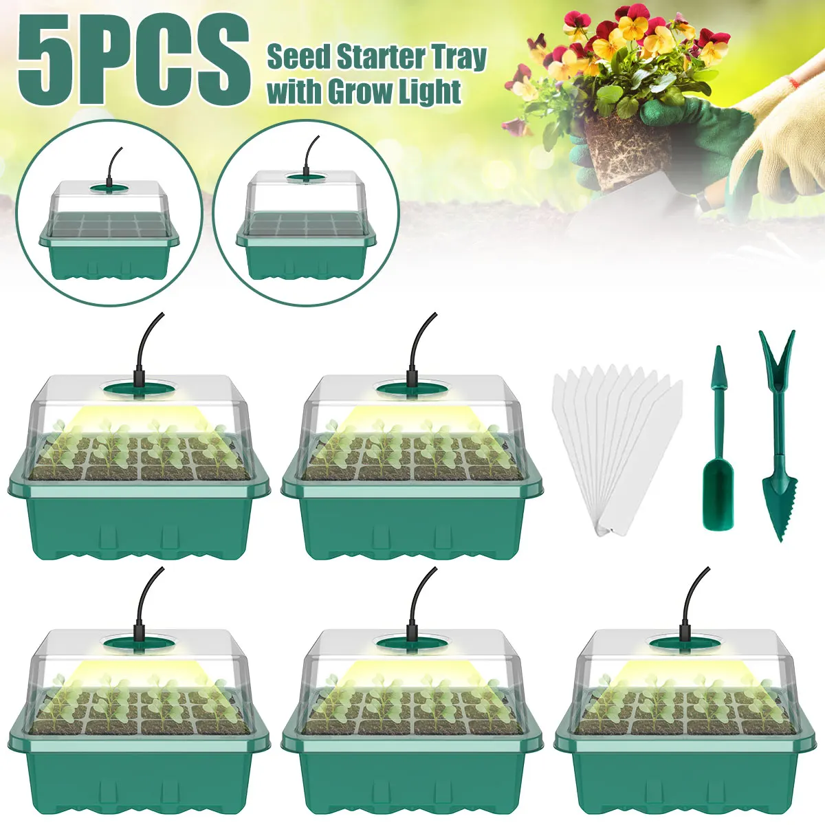 

18Pcs Seed Starter Tray Set Seed Starter Kit with Grow Light Mini Seedling Trays with Humidity Vented Domes Reusable Greenhouse