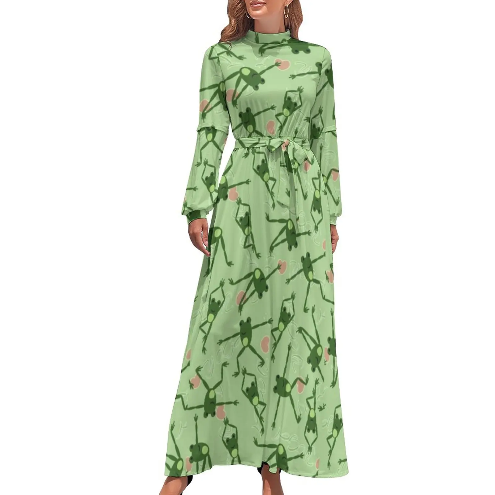 

Funny Frog Doing Yoga Dress Cute Green Frogs Design Elegant Maxi Dress Street Fashion Beach Long Dresses High Waist Clothes