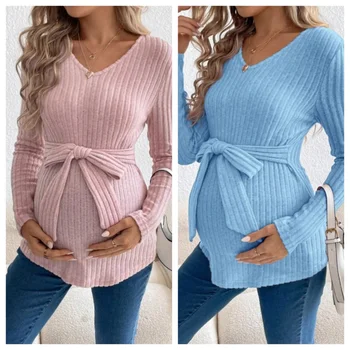 Pregnant Women's V-neck Base Shirt Long Sleeved Waist Tie Knit Shirt Top
