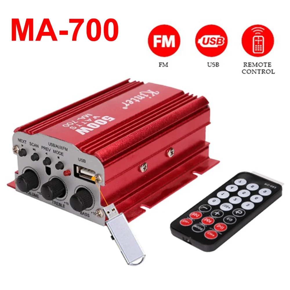 

Mp3-усилитель MA700, автомобильный мини-усилитель высокой мощности с USB/MP3/FM, 2,0 каналов, регулировка высоких басов, с пультом дистанционного управления, без Bluetooth