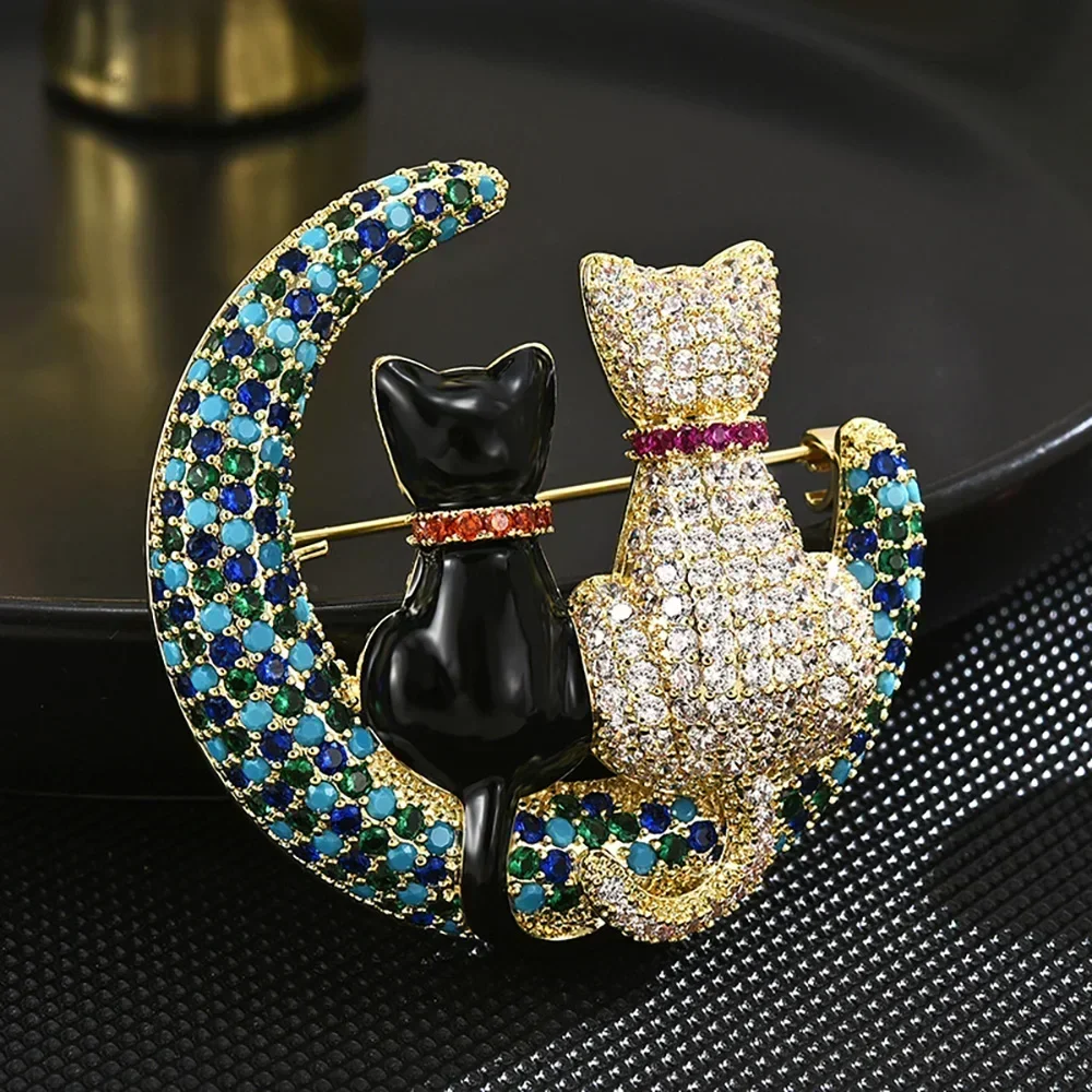 Two Cat on The Moon Animal Enamel Pin Brooch for Women Suit Accessories Rhinestone Black Cat White Cat Corsage Lapel Pins Gifts