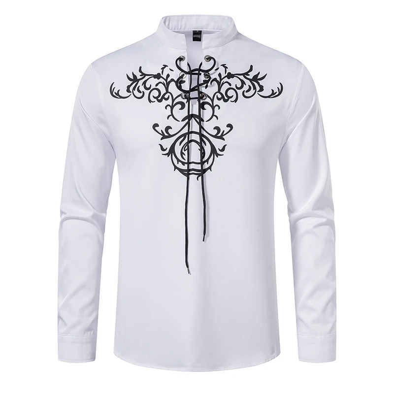 

White Pirate Shirt Men Viking Steampunk Retro Renaissance Medieval Gothic Victorian Costume Long Sleeve Lace Up Henley Shirt XXL