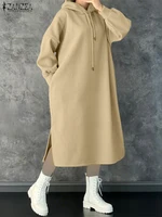Plus Size 5XL ZANZEA Women Fashion Sweatshirt Dresses Autumn Long Sleeve Hooded Robe Solid Casual Loose Pockets Long Vestidos - Image 2