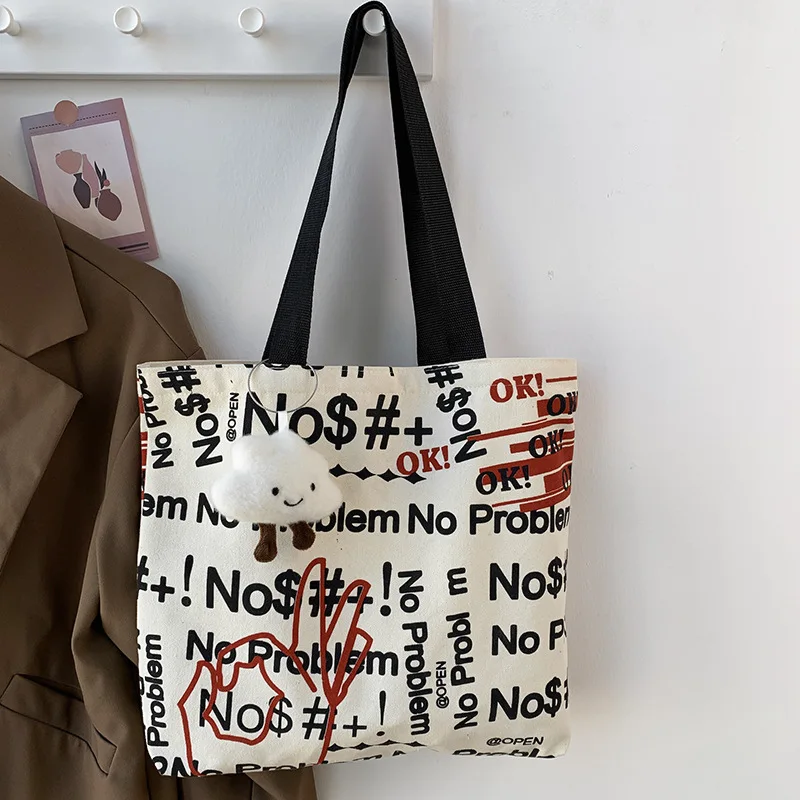 

Women Shoulder Canvas Bag Female Large Capacity Shopping Bag No Problem Letters Print Causal Tote Fashion Zipper Eco Shopper Bag