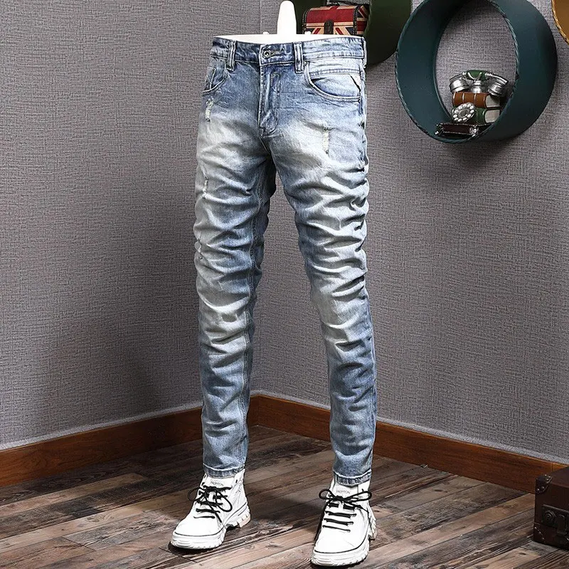 Fashion Designer Men Jeans Retro Light Blue Elastic Slim Fit Ripped Jeans Men Vintage Trousers Korean Style Denim Pants Hombre european vintage fashion men jeans retro light blue elastic slim fit ripped jeans men korean style designer casual denim pants