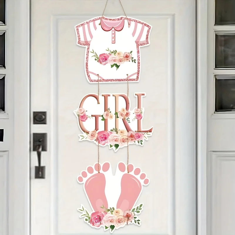 1 Stück Rosa Duschthema Türhänger mit Blumenmuster, Papier-Türhänger für Gender-Reveal-Party-Dekorationen, Babyparty-Dekorationen