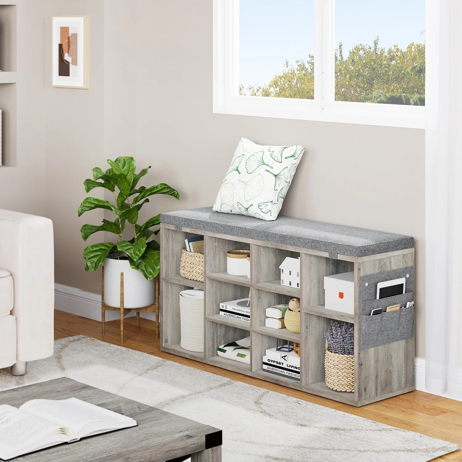 Schuhbank mit Kissen, Schuhaufbewahrungsbank mit 10 Fächern und verstellbaren Regalen, Eingangsbank für Schlafzimmer und Wohnzimmer – Detail 17