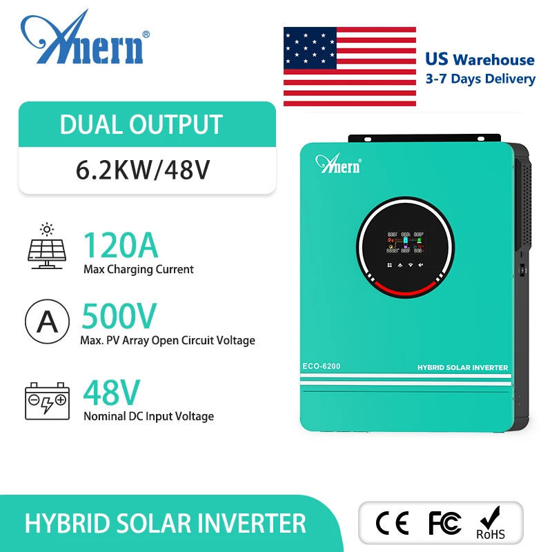 Anern Off Grid อินเวอร์เตอร์พลังงานแสงอาทิตย์ 1KW 1.6KW 3KW 6.2KW MPPT 80A 120A 230V Hybrid อินเวอร์เตอร์ 12V 24V 48V MAX PV 150Vdc 400Vdc 500Vdc 1