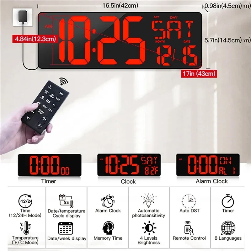 Digital Wall Clock 42cm Large Screen LED Digital Perpetual Calendar Clock Brightness Adjustable Temperature Date Week Display Alarm Clock with RE