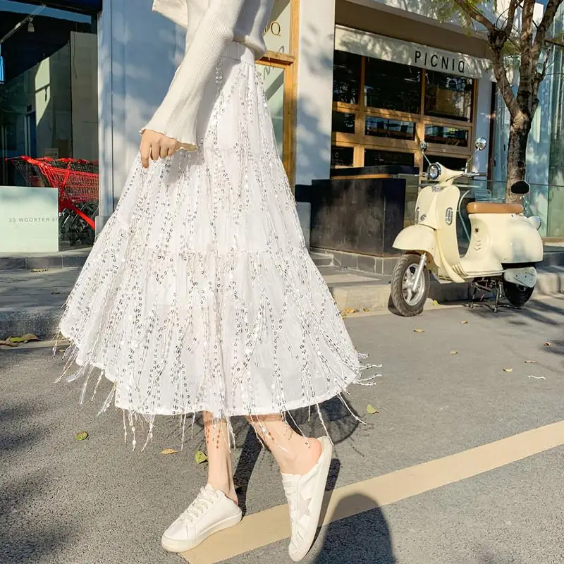 Fresh Women Tassel Mesh Fashion Elegance A-line Skirts High Waist Tulle Heavy Industry Wheat Ear Sequin Female Midi Long Skirt