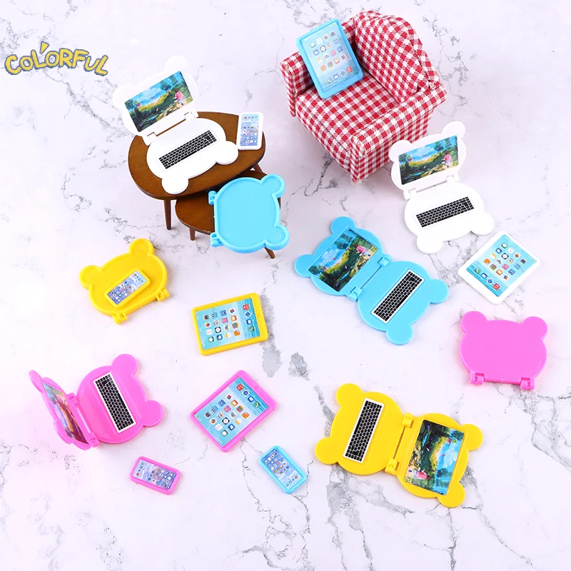 3Pcs/Set 1:12 Dollhouse Miniature Folding Laptop Model Computer Tablet Phone Set Doll House Office Scene Home Decor Toy